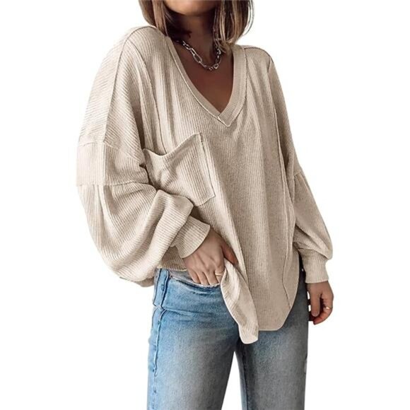 Women's Casual V-Neck Ribbed Knit Pullover - Loose Tunic Top - Picture 2 of 7